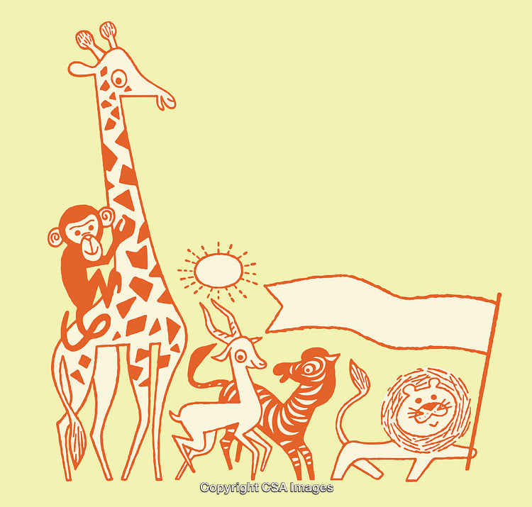 Colorful Line Art Illustration Featuring Safari Animals in a Playful Scene