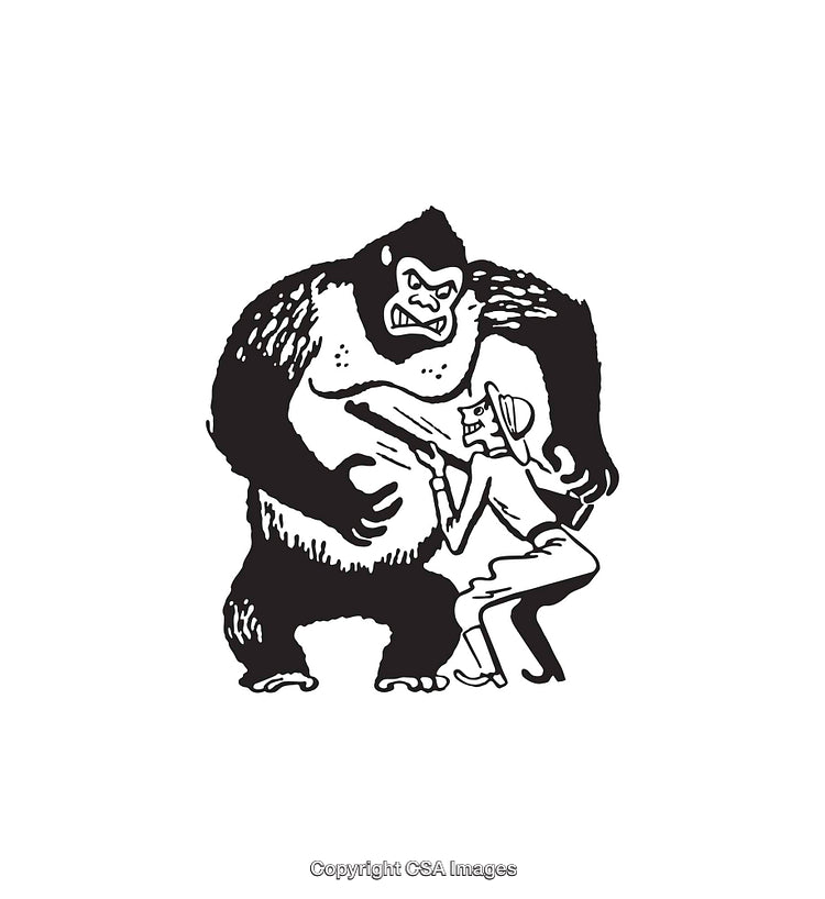 Dramatic Gorilla and Adventurer Encounter in Black and White Line Art