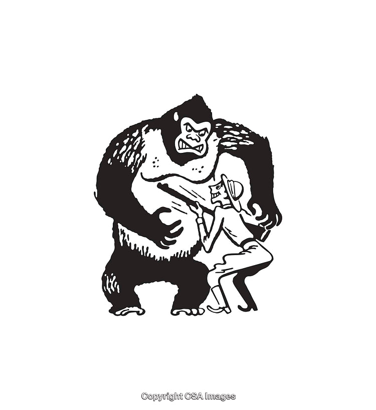 Dramatic Gorilla and Adventurer Encounter in Black and White Line Art