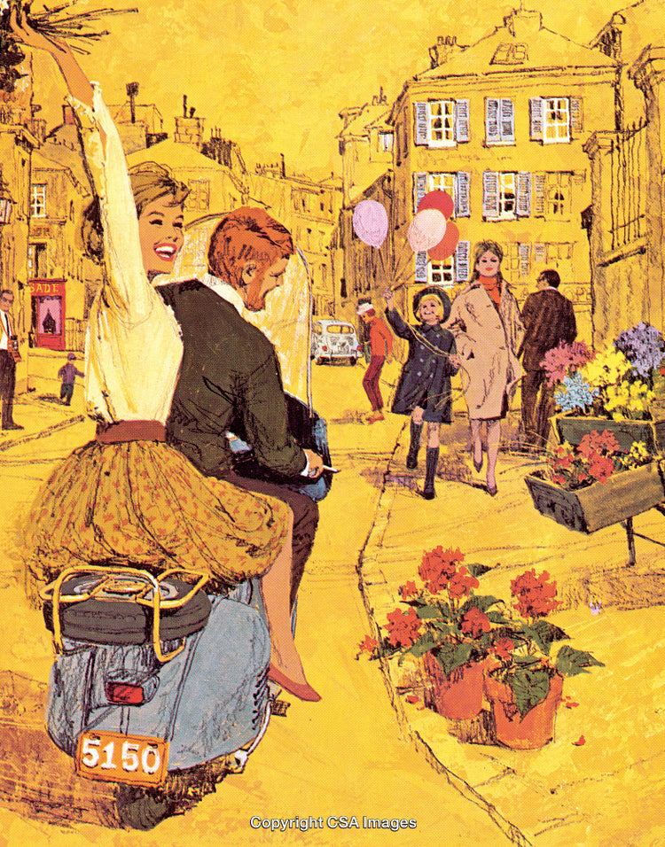 Romantic Couple Riding Scooter in Vintage European Street with Joyful Atmosphere