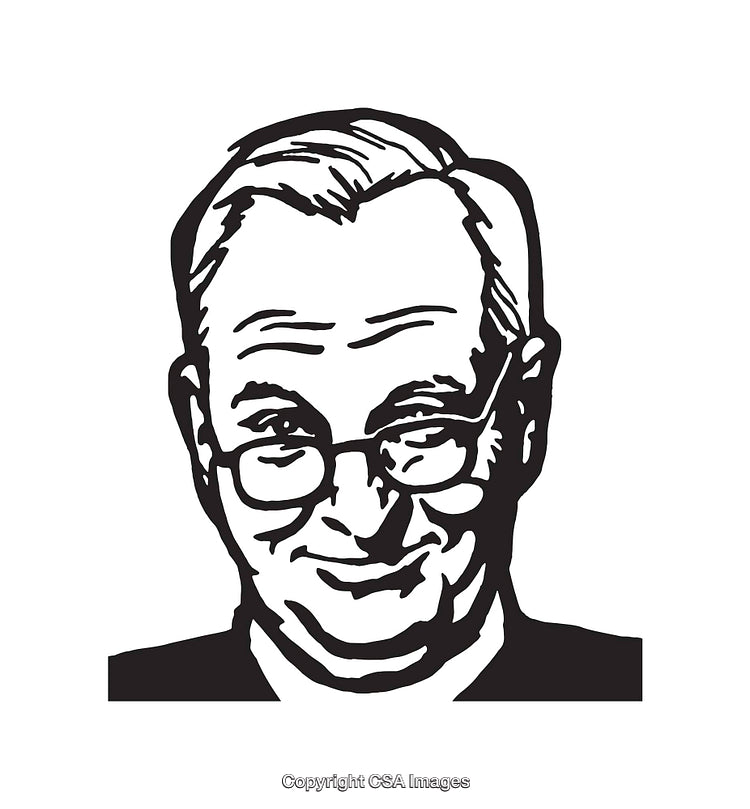 Black and White Line Illustration of Elderly Man with Glasses Smiling