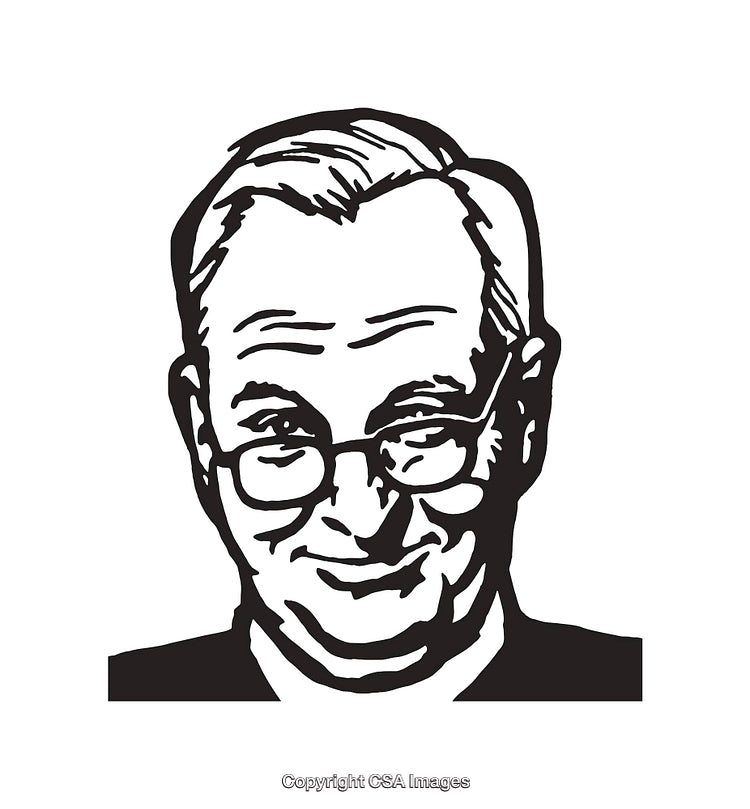 Black and White Line Illustration of Elderly Man with Glasses Smiling