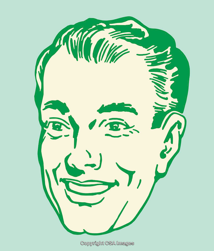 Retro Styled Green Line Art Illustration of Smiling Man's Face