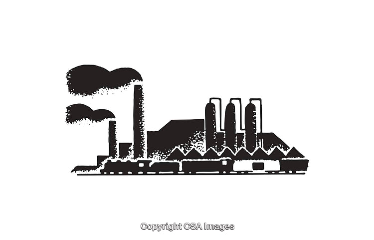 Black and White Industrial Illustration of a Factory with Smoke Stacks