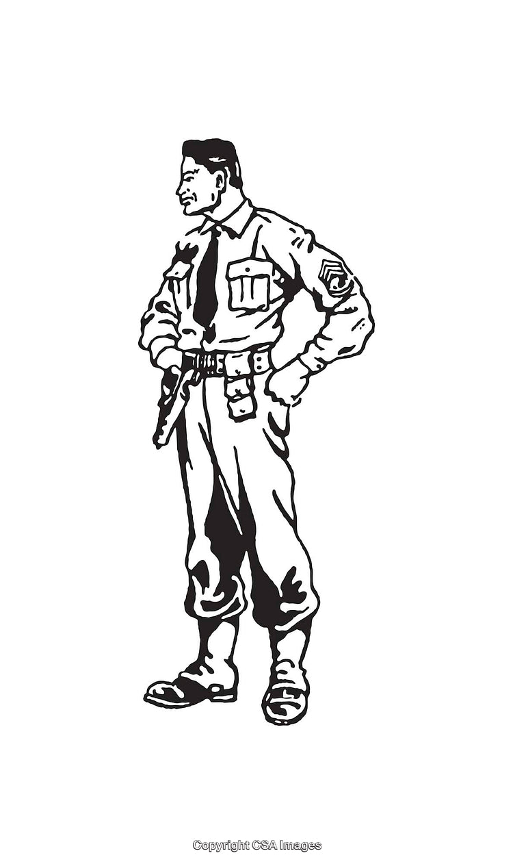 Line Art Illustration of a Standing Uniformed Man in Profile View