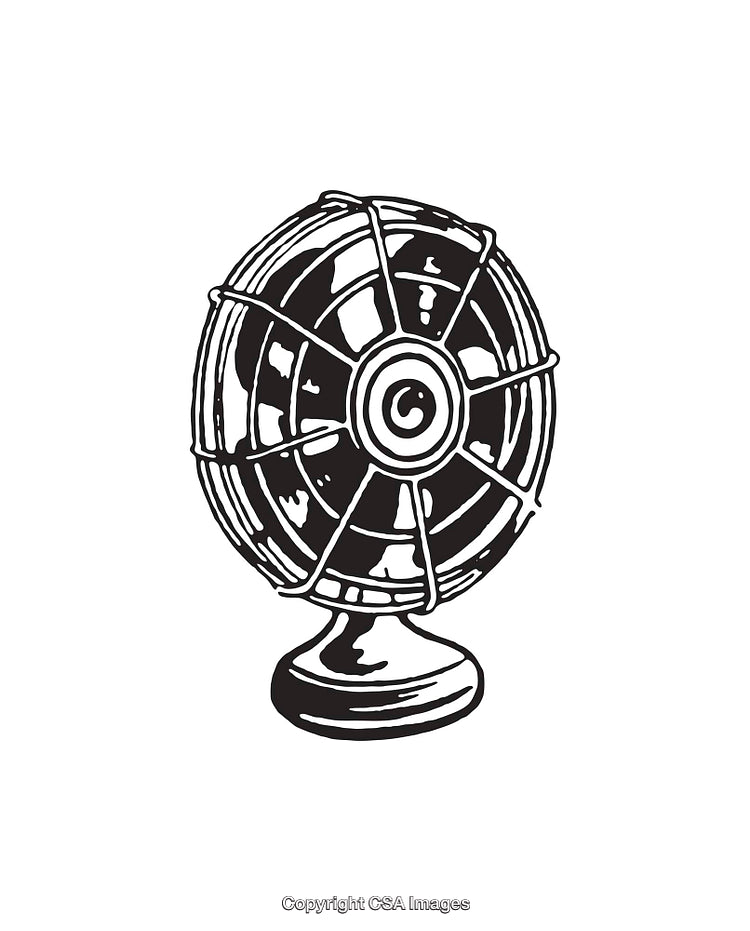 Vintage Black and White Line Art Illustration of a Classic Electric Fan