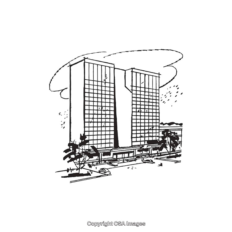 Black and White Line Art Illustration of Modern Office Twin Buildings