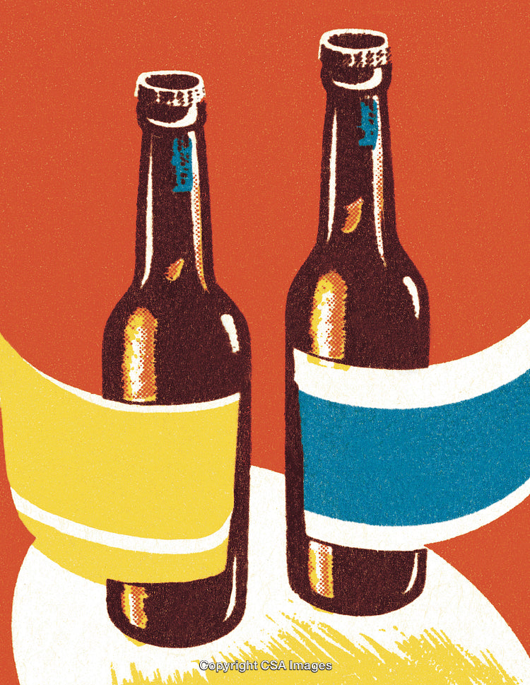 Two Stylized Beer Bottles with Vibrant Yellow and Blue Decorations Artwork