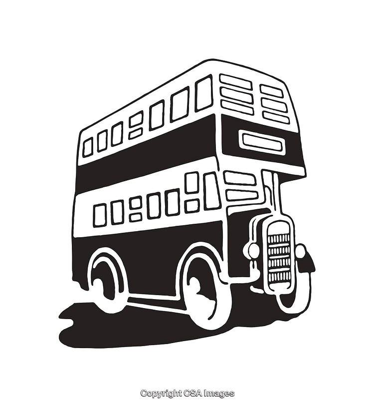 Black And White Line Art Illustration of Classic Double-Decker Bus
