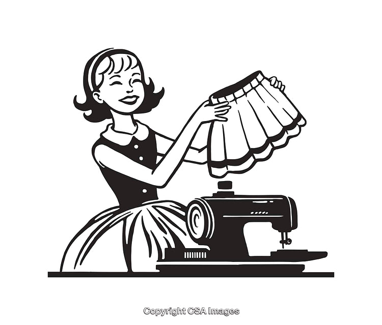 Retro Illustration of Woman Sewing with Vintage Sewing Machine