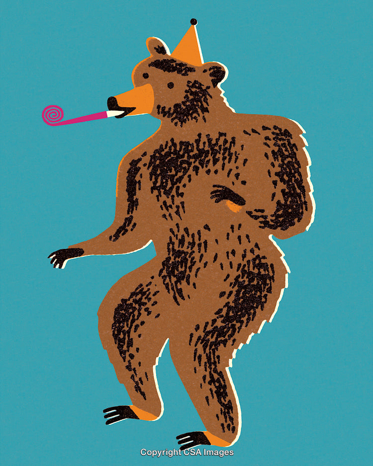 Playful Illustration of a Partying Bear Wearing a Hat on a Blue Background