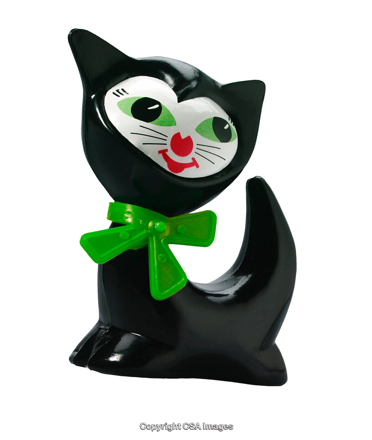 Colorful Toy Cat Figurine With Green Bow on White Background