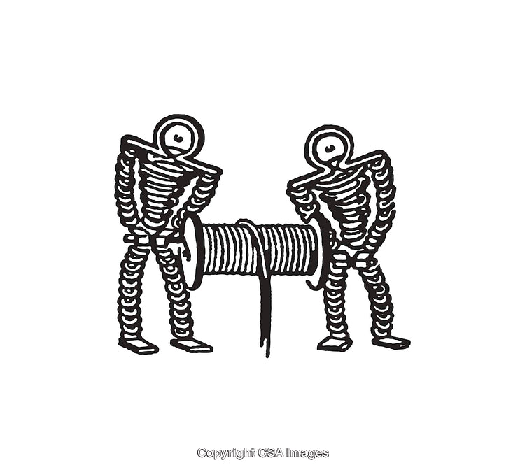 Black and White Line Art of Two Figures with Coil Object