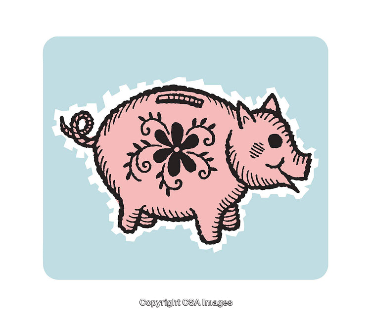 Colorful Piggy Bank Illustration with Decorative Floral Design on Light Blue Background