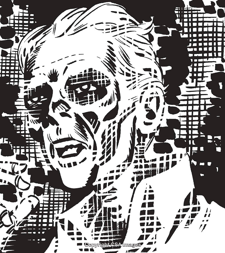 Stylized Black and White Sketch of a Skeletal Face with Intense Expression