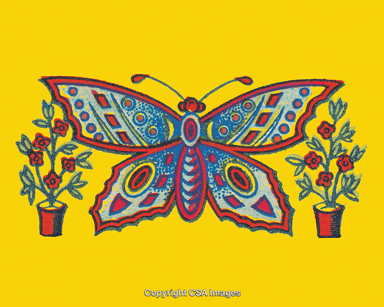 Colorful Patterned Butterfly Illustration with Floral Elements on Yellow Background