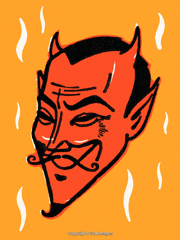 Retro Illustration of a Devilish Face With Fiery Orange Background