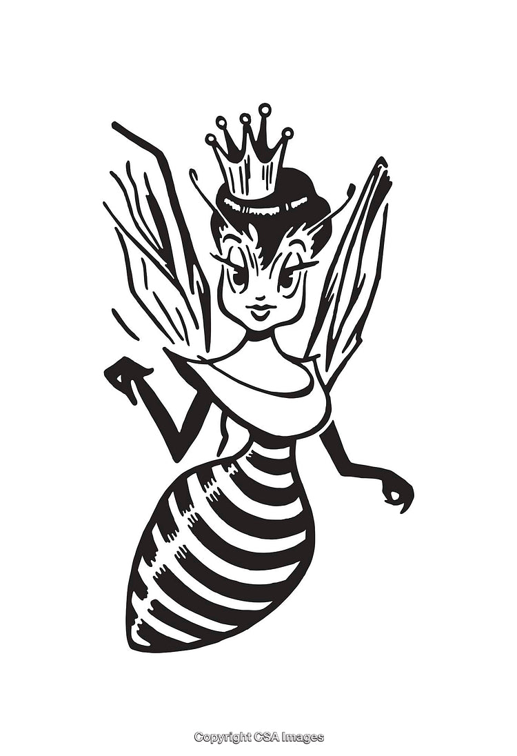 Illustration of a Queen Bee with a Crown in Black and White Line Art