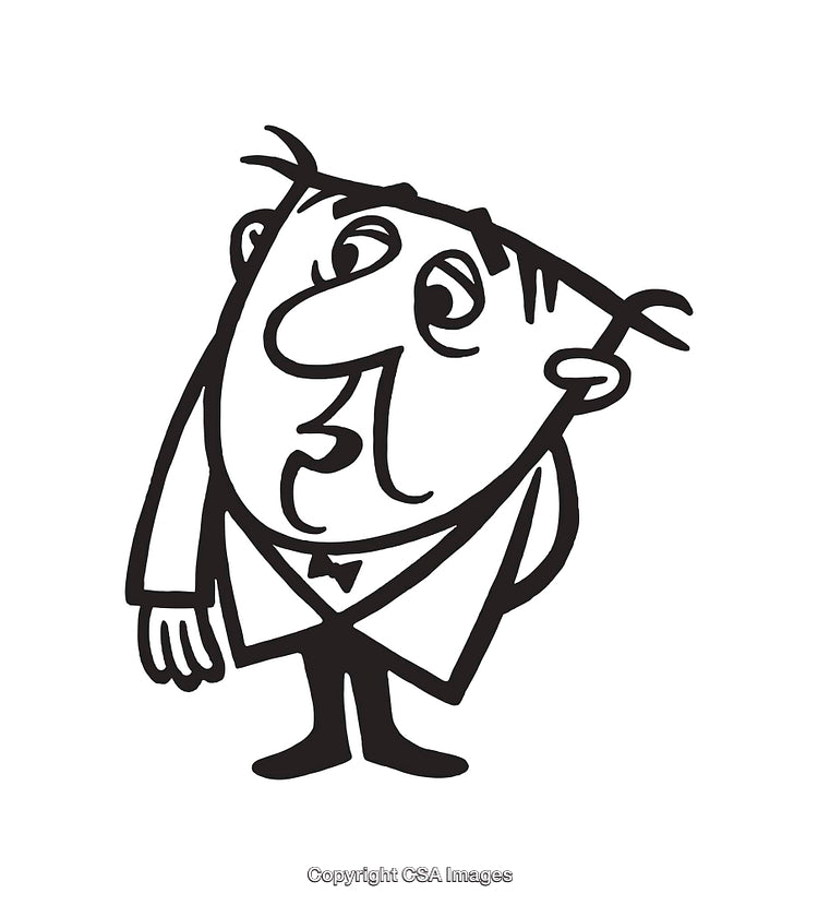 Black and White Illustration of a Cartoon Character in Thought