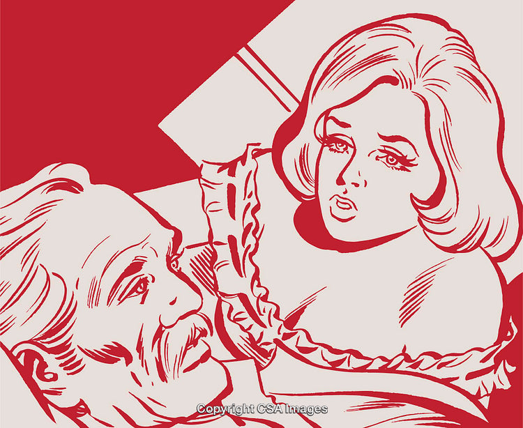 Stylized Retro Illustration of a Woman and Man in a Dramatic Scene