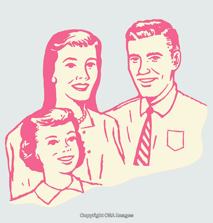 Retro Styled Family Illustration in Pink and Beige Tones