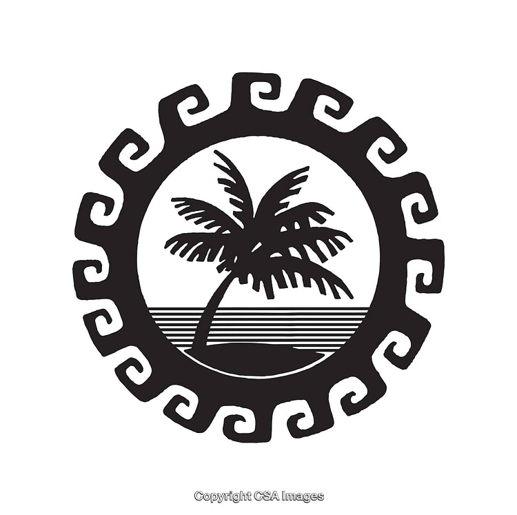 Black and White Line Art of Tropical Palm Tree in Circular Design