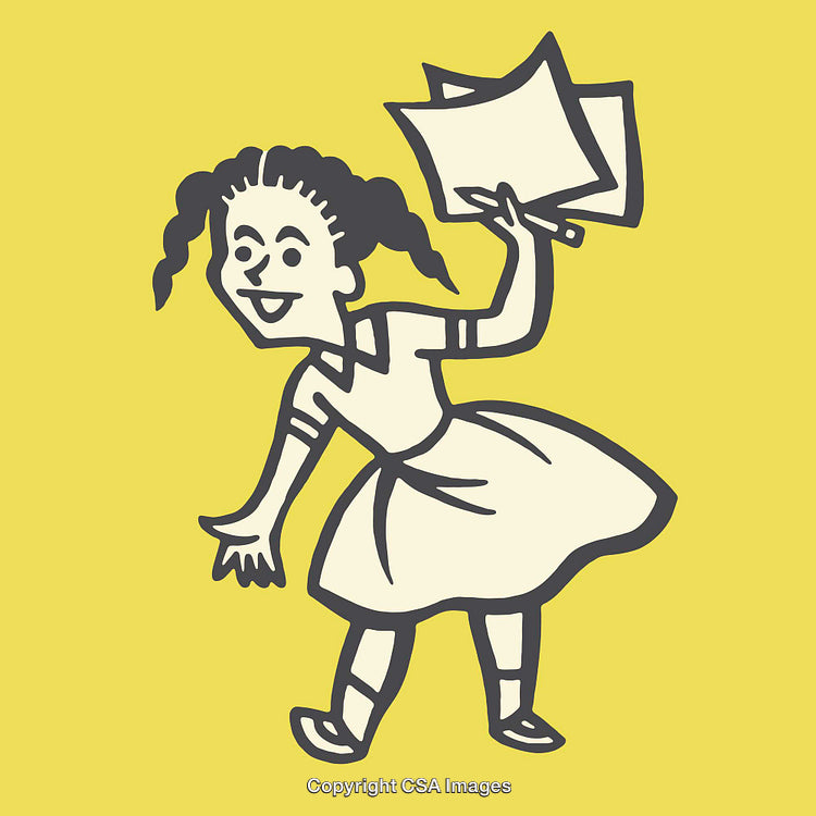 Cheerful Girl Holding Papers in Playful Line Art Illustration