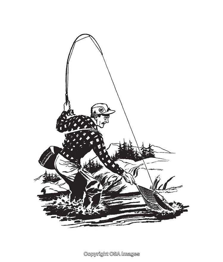 Black and White Illustration of a Fisherman Outdoors with Fishing Rod