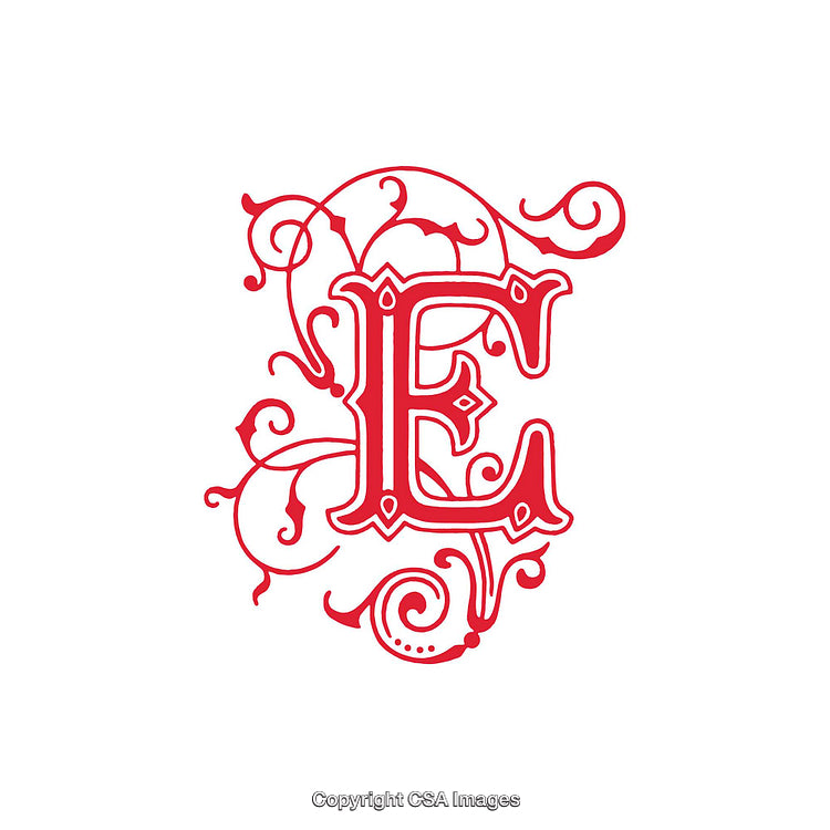 Elegant Red Ornamental Letter E with Decorative Flourishes