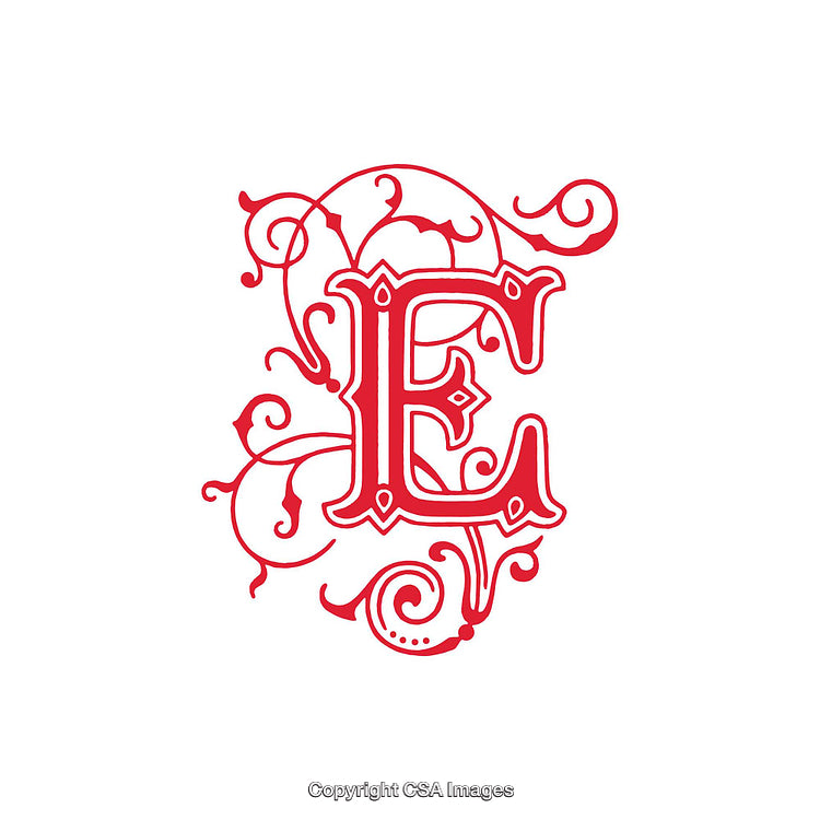 Elegant Red Ornamental Letter E with Decorative Flourishes