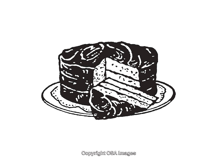 Vintage Line Art of Layered Cake with a Slice on a Plate