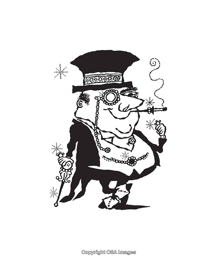 Vintage Black and White Illustration of a Wealthy Gentleman Smoking Cigar