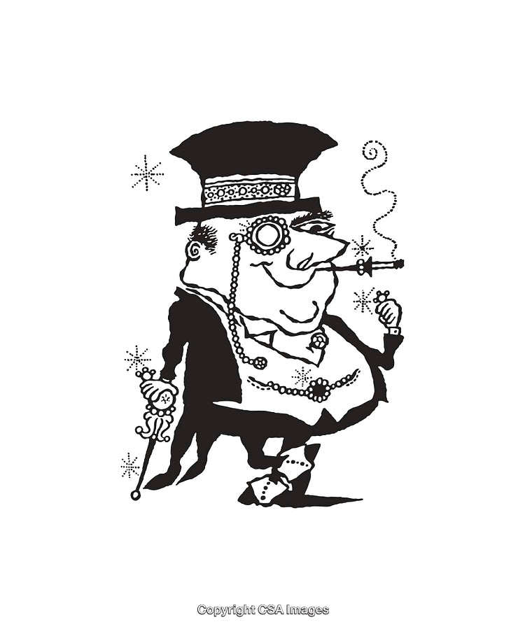 Vintage Black and White Illustration of a Wealthy Gentleman Smoking Cigar