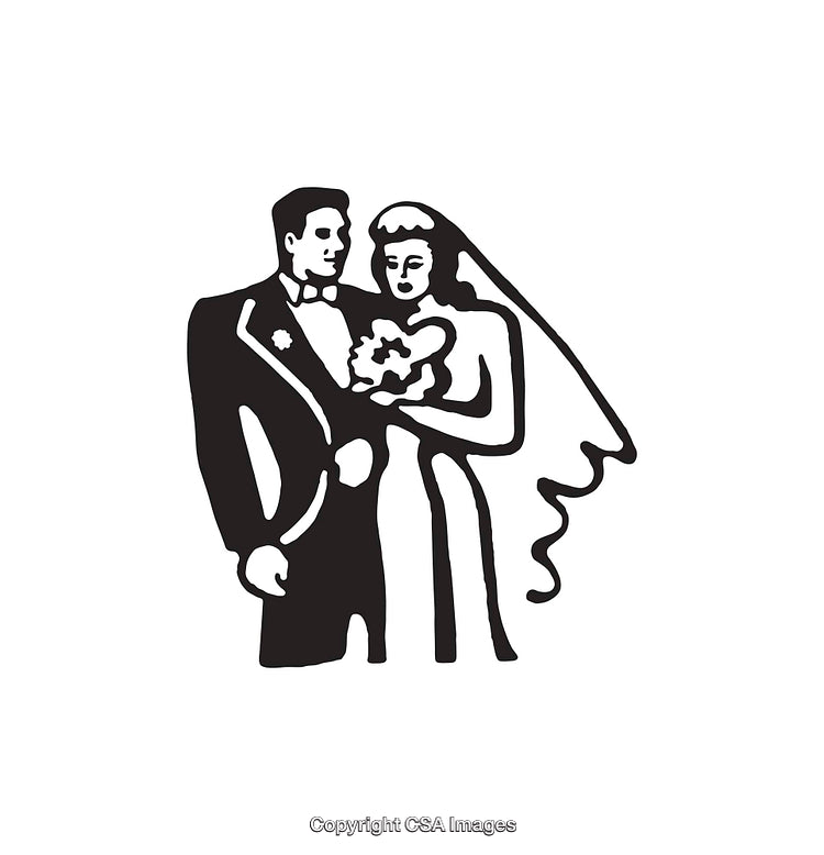 Black and White Wedding Couple Illustration with Bride and Groom Line Art