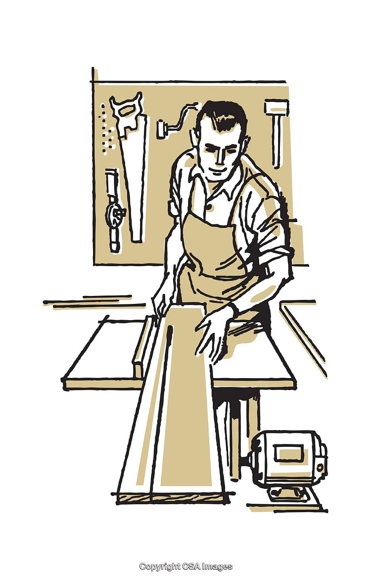 Illustration of a Woodworker Using Tools in a Workshop Setting