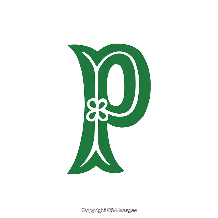 Artistic Green Letter P with Floral Embellishment on White Background