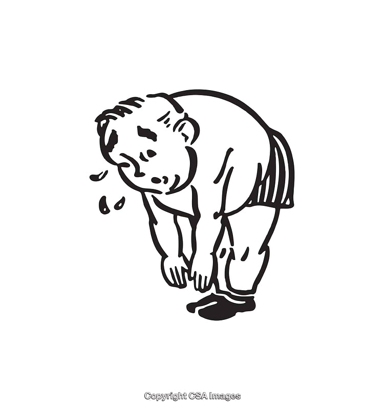 Black And White Illustration of a Weary Man Standing with Sweat Droplets