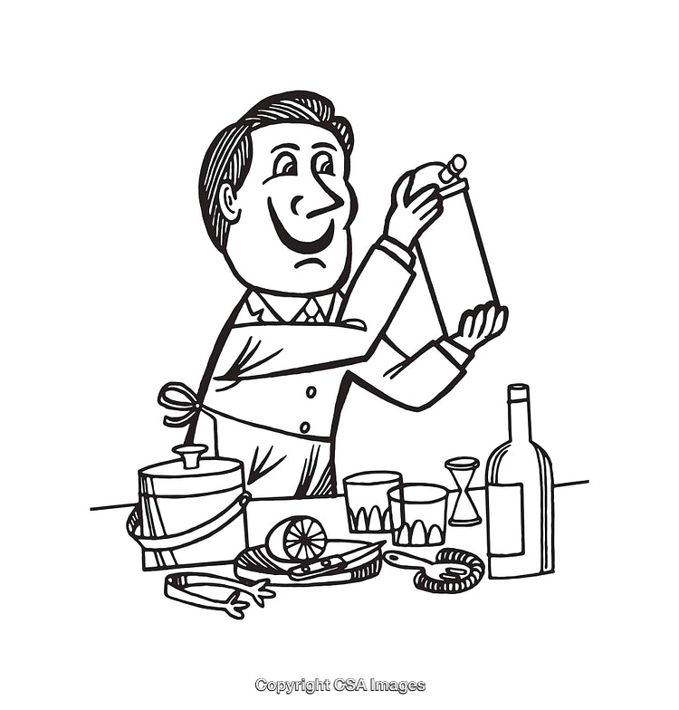 Black and White Line Drawing of a Bartender Preparing Drinks at the Bar