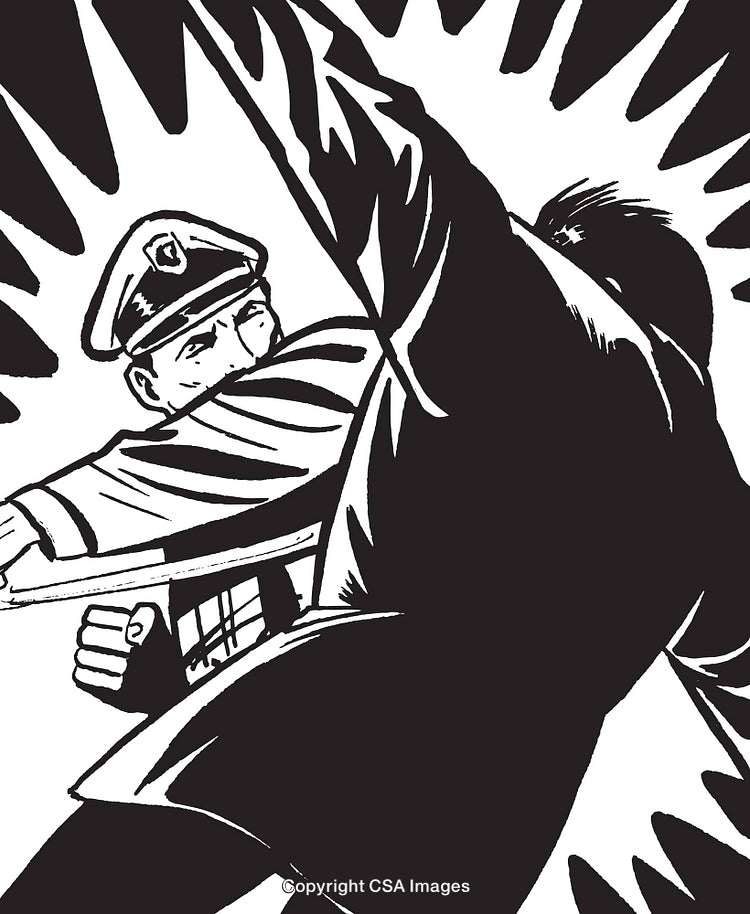 Black and White Action Scene with Officer in Dynamic Motion