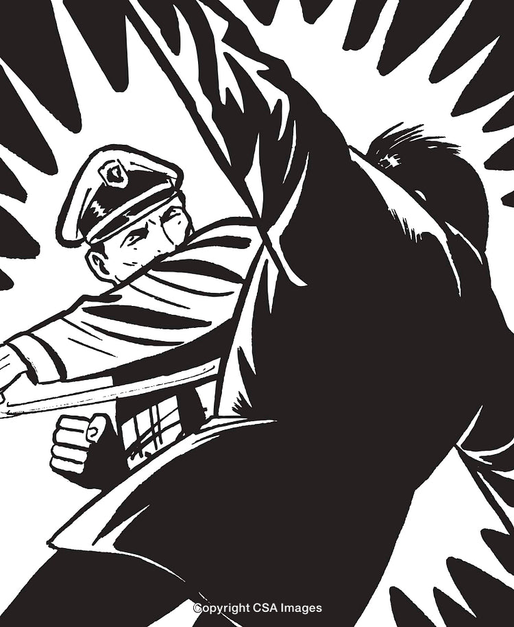 Black and White Action Scene with Officer in Dynamic Motion