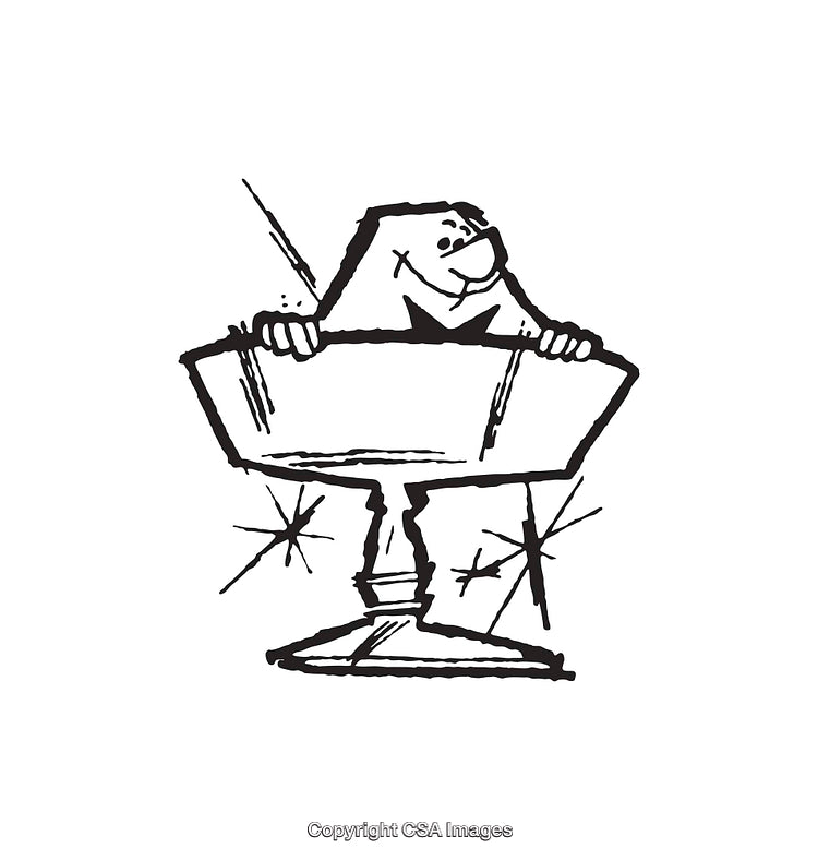 Vintage Cartoon Illustration of a Happy Character in a Trophy