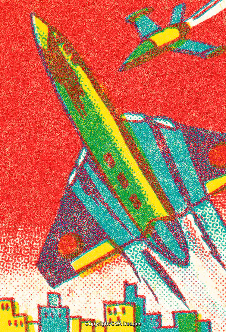 Colorful Retro Illustration of Jet Fighters in an Urban Skyline