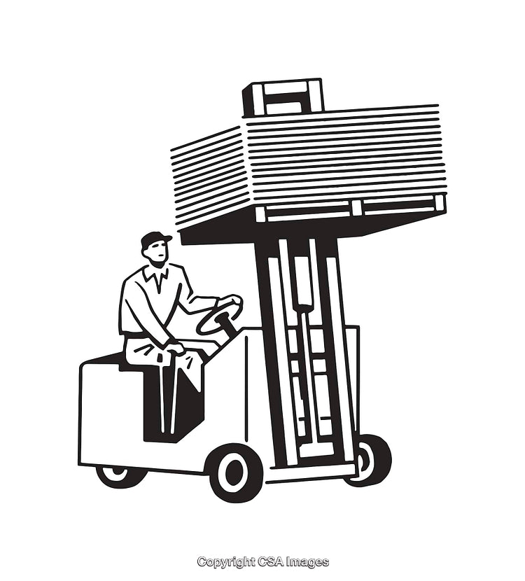 Black and White Illustration of a Forklift Operator Handling a Heavy Load