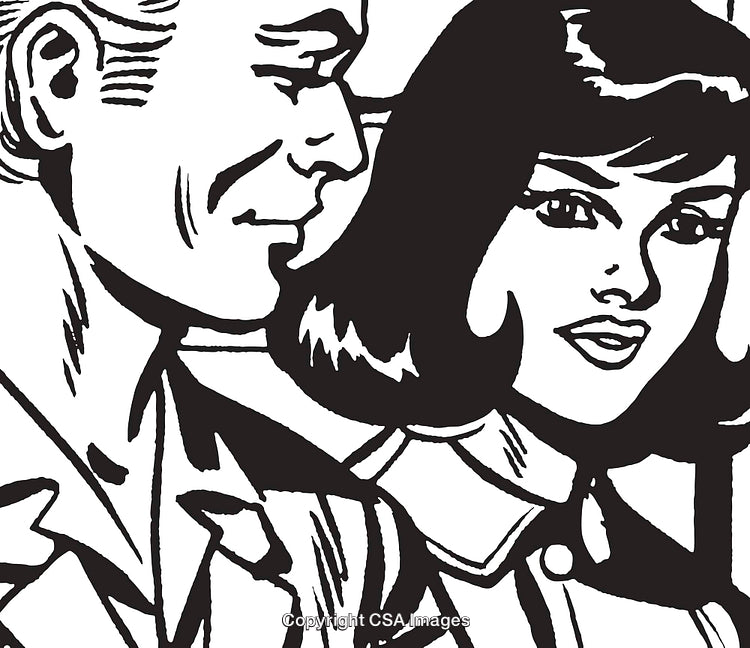 Retro Styled Black And White Illustration of a Smiling Couple in Profile