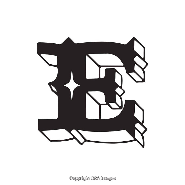 Decorative Stylized Letter E With Geometric Shapes and Star Accent