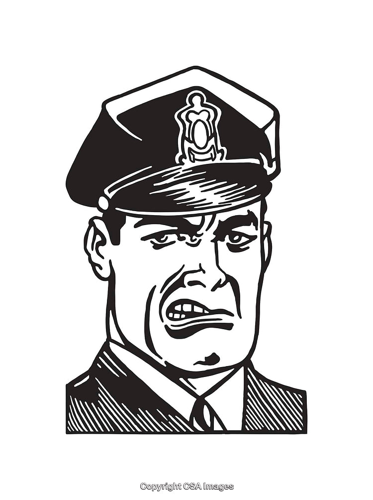 Black and White Line Art of a Police Officer with an Intense Expression