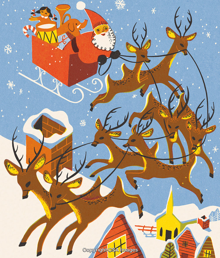 Santa Claus Riding Sleigh with Reindeer Over Snowy Village at Night