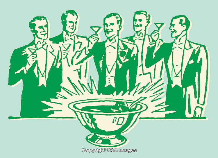 Elegant Men Toasting Over a Festive Punch Bowl in Formal Attire