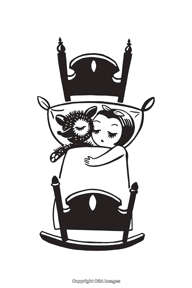 Child Cuddling A Stuffed Animal While Sleeping In A Traditional Bed Illustration