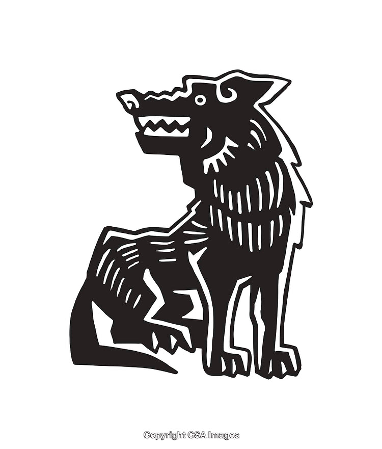 Black and White Line Art Illustration of a Stylized Sitting Wolf